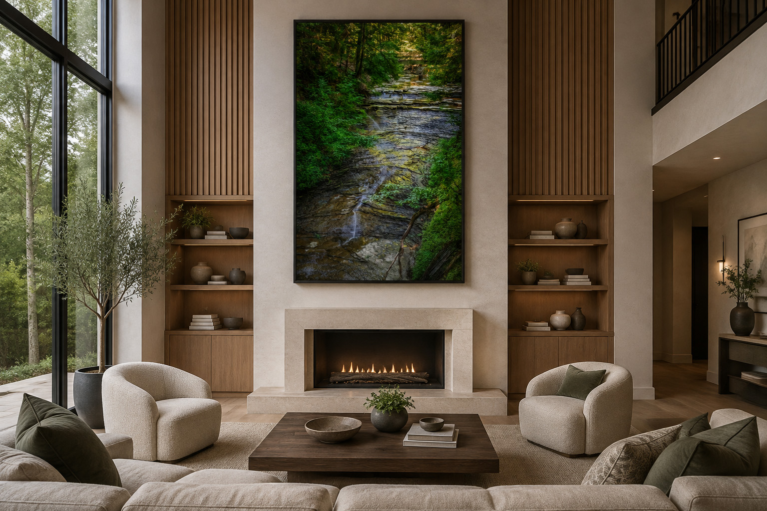 Large framed Bridal Veil Falls Bedford Reservation artwork above a limestone fireplace in a quiet luxury living room